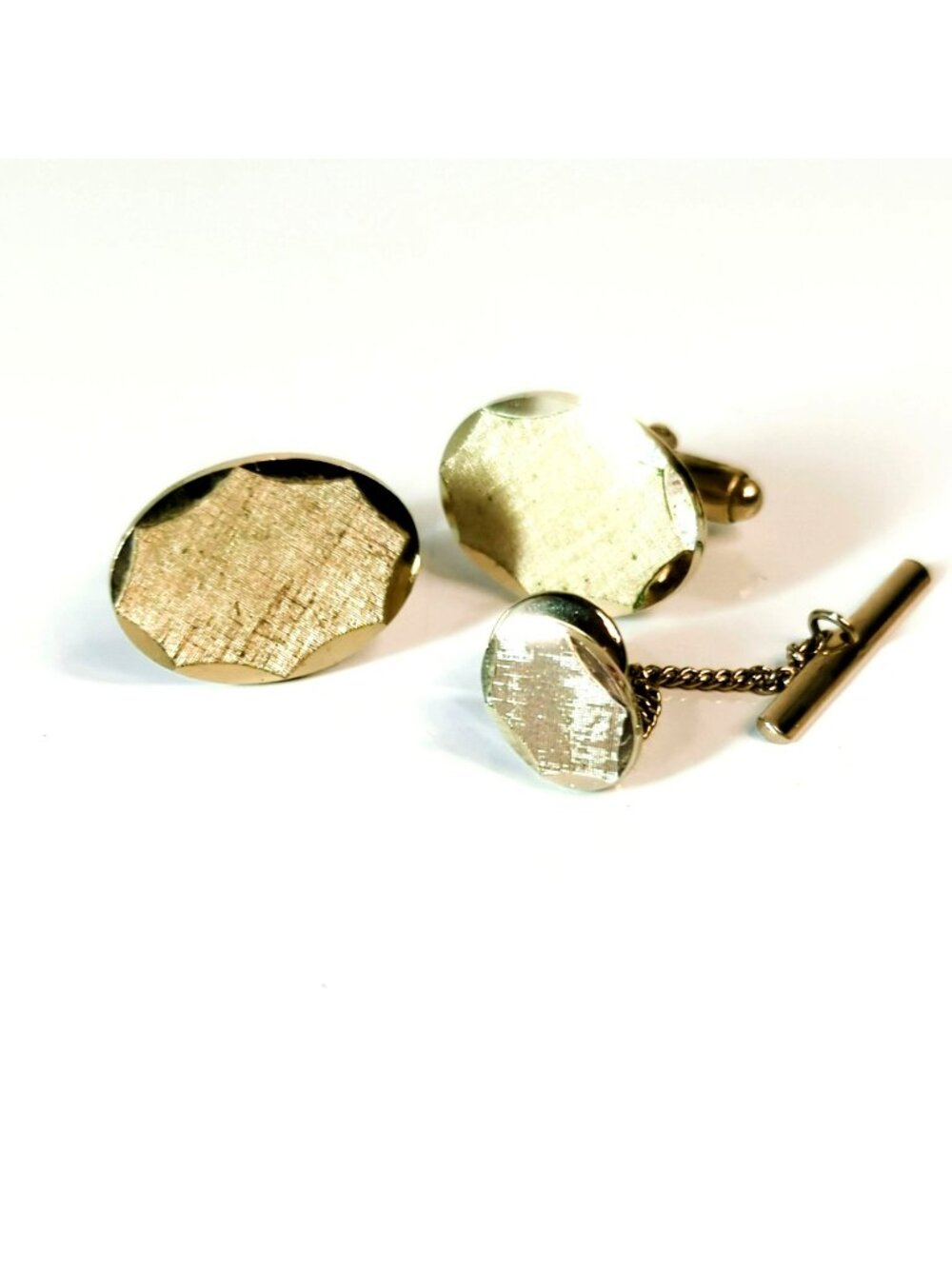 Anson Gold Tone Oval Cufflinks Tie Tack Set Textured Vintage Mens